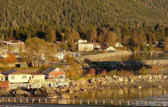 Waterfront area in the reddening light of the setting sun